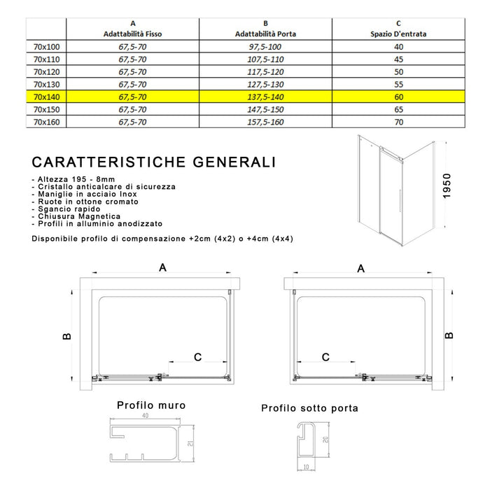 Box doccia due lati fume porta scorrevole senza profili h195 8mm anticalcare euclide, misura 70x140