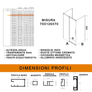 Box doccia tre lati con parete fissa 8mm h200 anticalcare target, misura 70x120x70