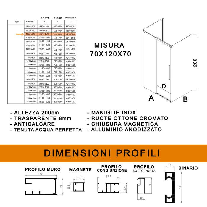 Box doccia tre lati con parete fissa 8mm h200 anticalcare target, misura 70x120x70