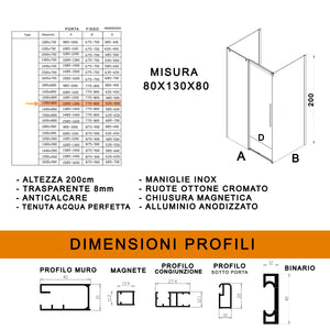 Box doccia tre lati con parete fissa 8mm h200 anticalcare target, misura 80x130x80