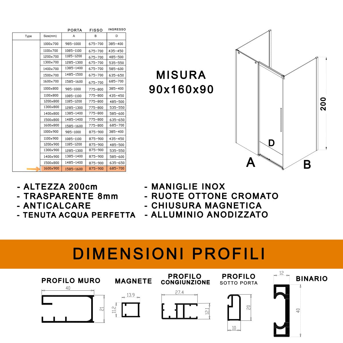 Box doccia tre lati con parete fissa 8mm h200 anticalcare target, misura 90x160x90