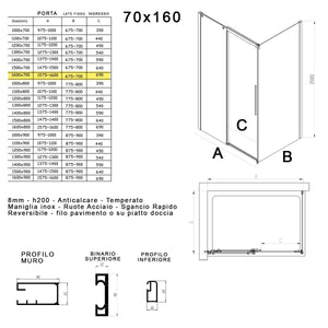 Box doccia due lati in cristallo 8mm h200cm anticalcare target, misura 70x160