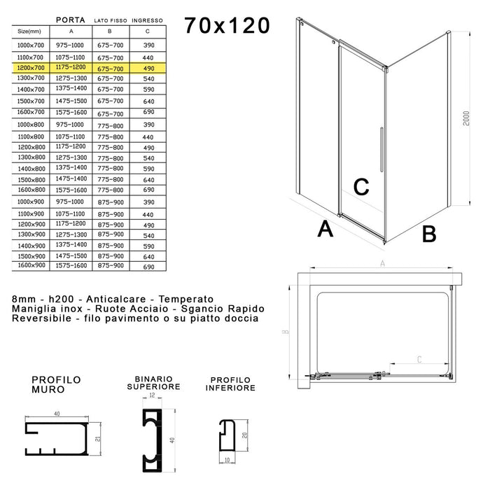 Box doccia due lati in cristallo 8mm h200cm anticalcare target, misura 70x120