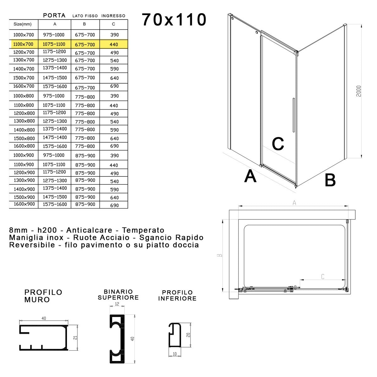 Box doccia due lati in cristallo 8mm h200cm anticalcare target, misura 70x110