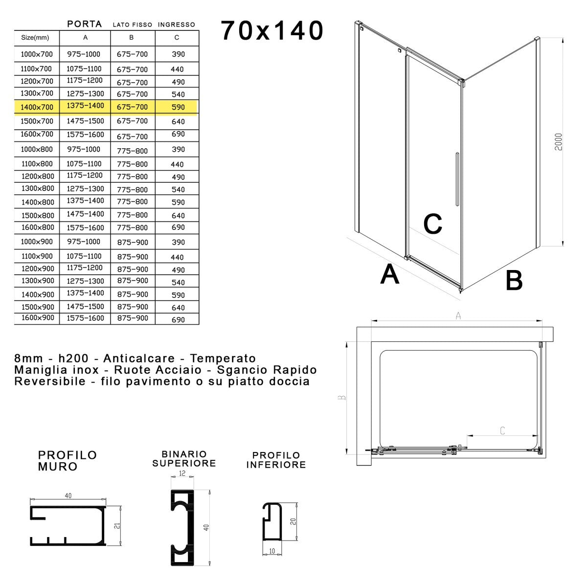 Box doccia due lati in cristallo 8mm h200cm anticalcare target, misura 70x140