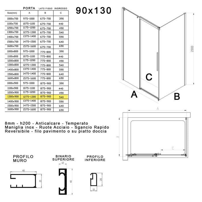 Box doccia due lati in cristallo 8mm h200cm anticalcare target, misura 90x130