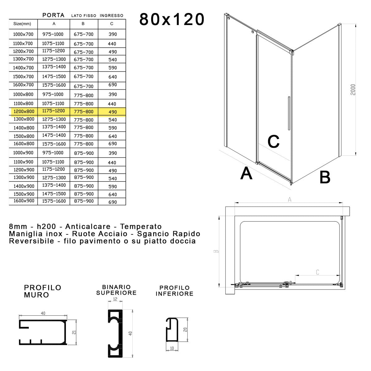 Box doccia due lati in cristallo 8mm h200cm anticalcare target, misura 80x120