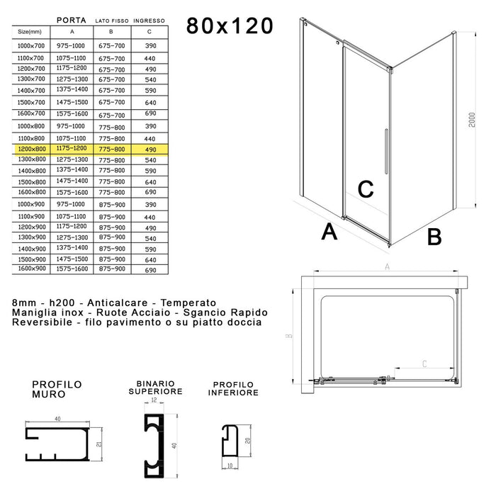 Box doccia due lati in cristallo 8mm h200cm anticalcare target, misura 80x120