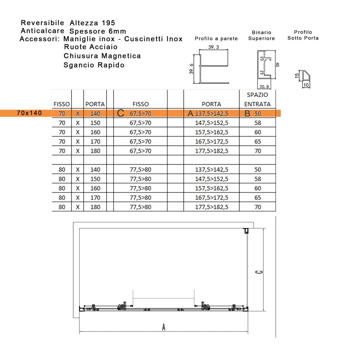 Box doccia due lati con profili neri ingresso centrale lagoa-duo, misura 70x140