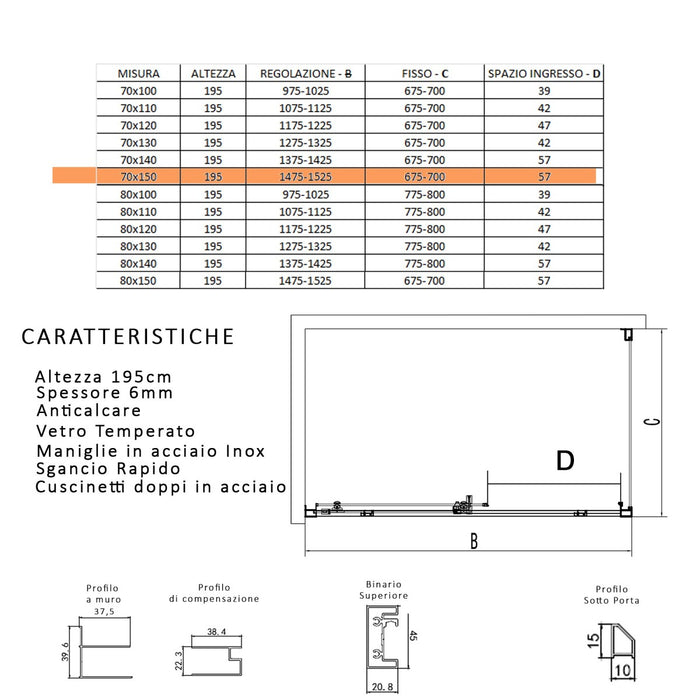 Box doccia due lati con profili neri scorrevole cristallo 6mm h195 lagoa duo, misura 70x150