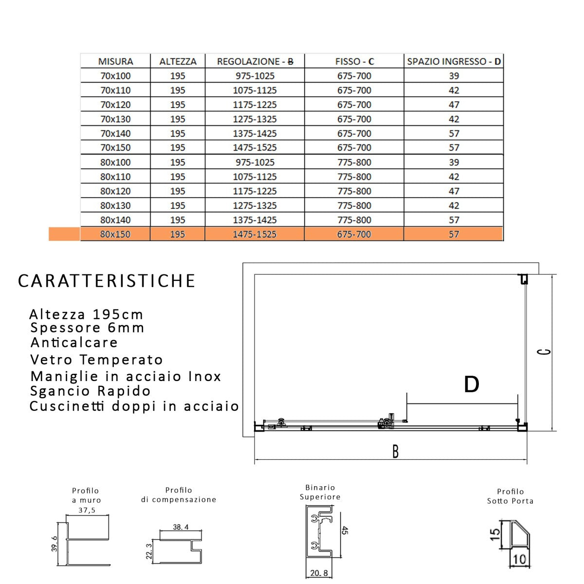 Box doccia due lati con profili neri scorrevole cristallo 6mm h195 lagoa duo, misura 80x150