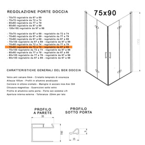 Box doccia 2 lati a soffietto trasparente senza profili 6mm h195 anticalcare rea, misura 75x90