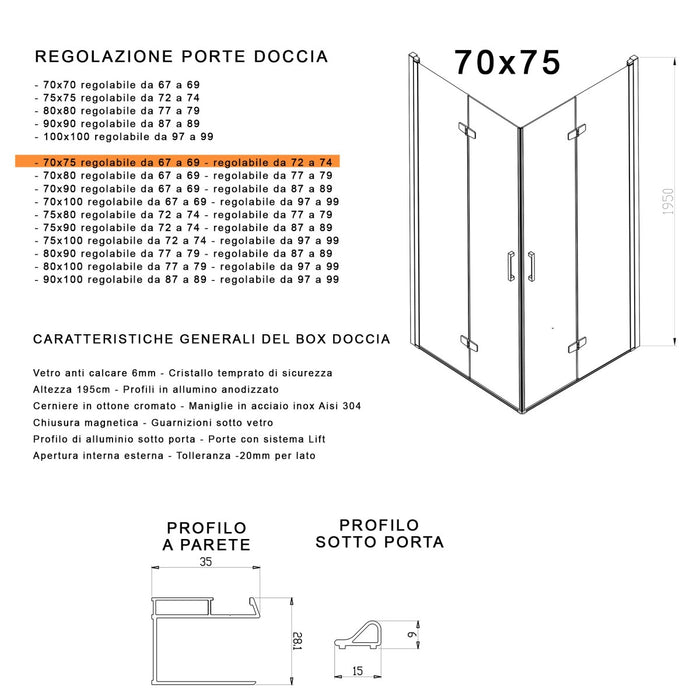 Box doccia 2 lati a soffietto trasparente senza profili 6mm h195 anticalcare rea, misura 70x75