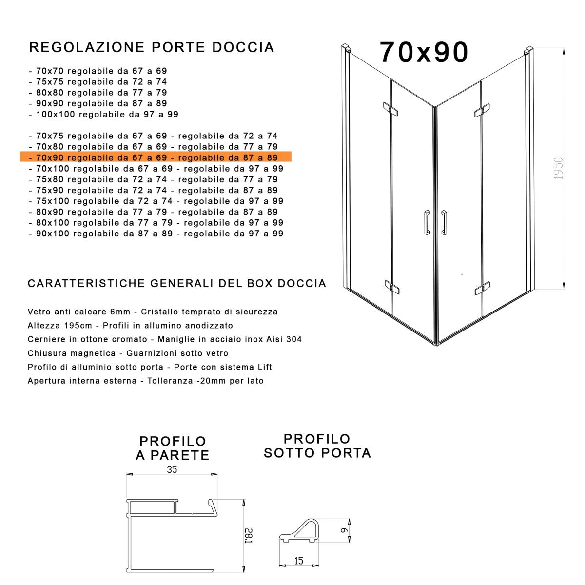 Box doccia 2 lati a soffietto trasparente senza profili 6mm h195 anticalcare rea, misura 70x90