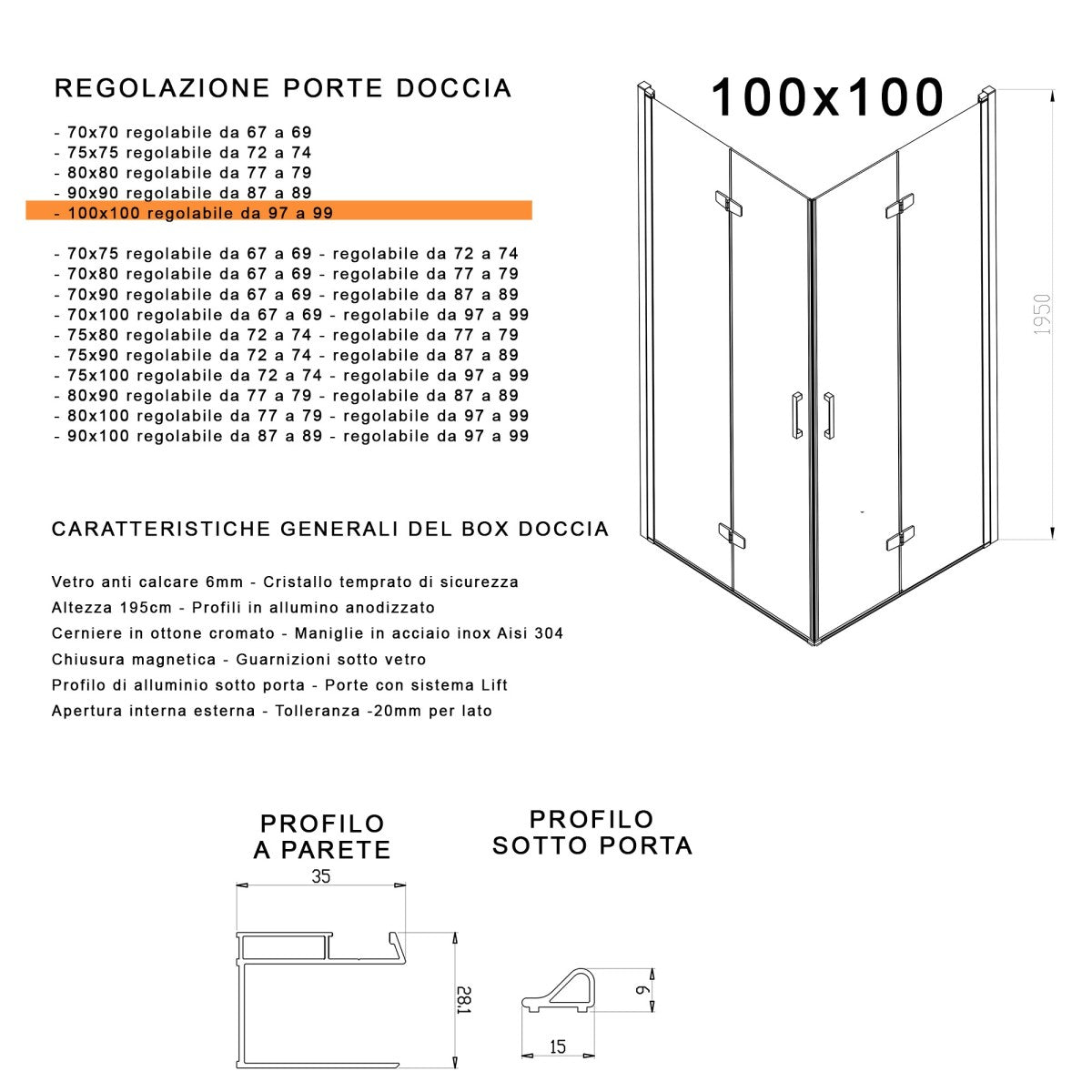 Box doccia 2 lati a soffietto trasparente senza profili 6mm h195 anticalcare rea, misura 100x100