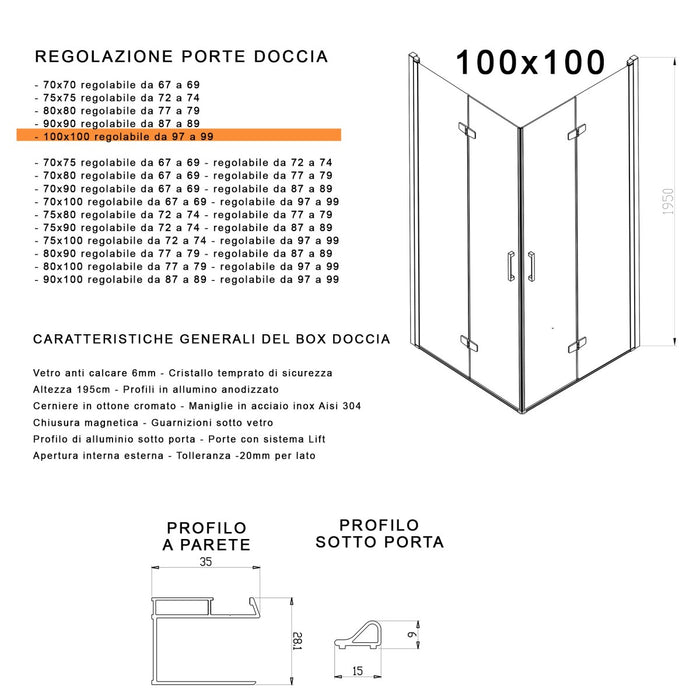 Box doccia 2 lati a soffietto trasparente senza profili 6mm h195 anticalcare rea, misura 100x100