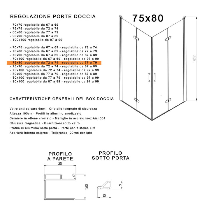 Box doccia 2 lati a soffietto trasparente senza profili 6mm h195 anticalcare rea, misura 75x80