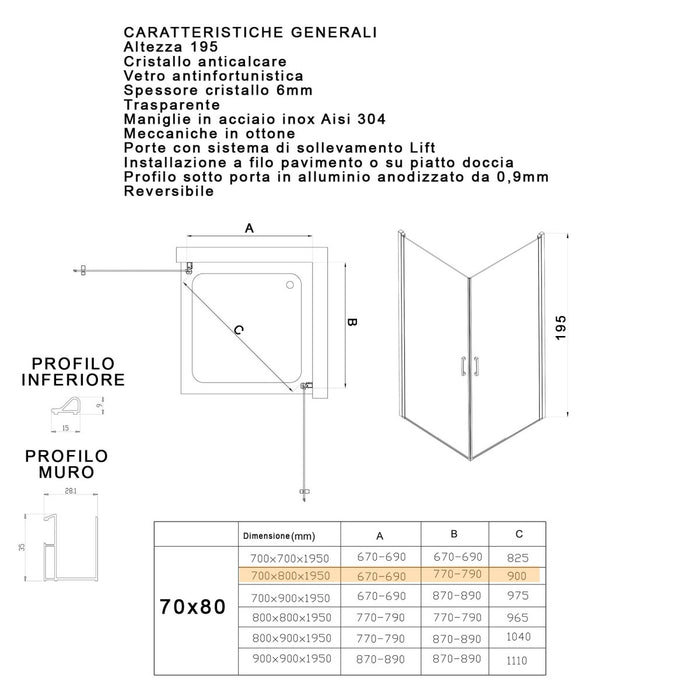 Box doccia due lati battenti h195 6mm anticalcare salema, misura 70x80