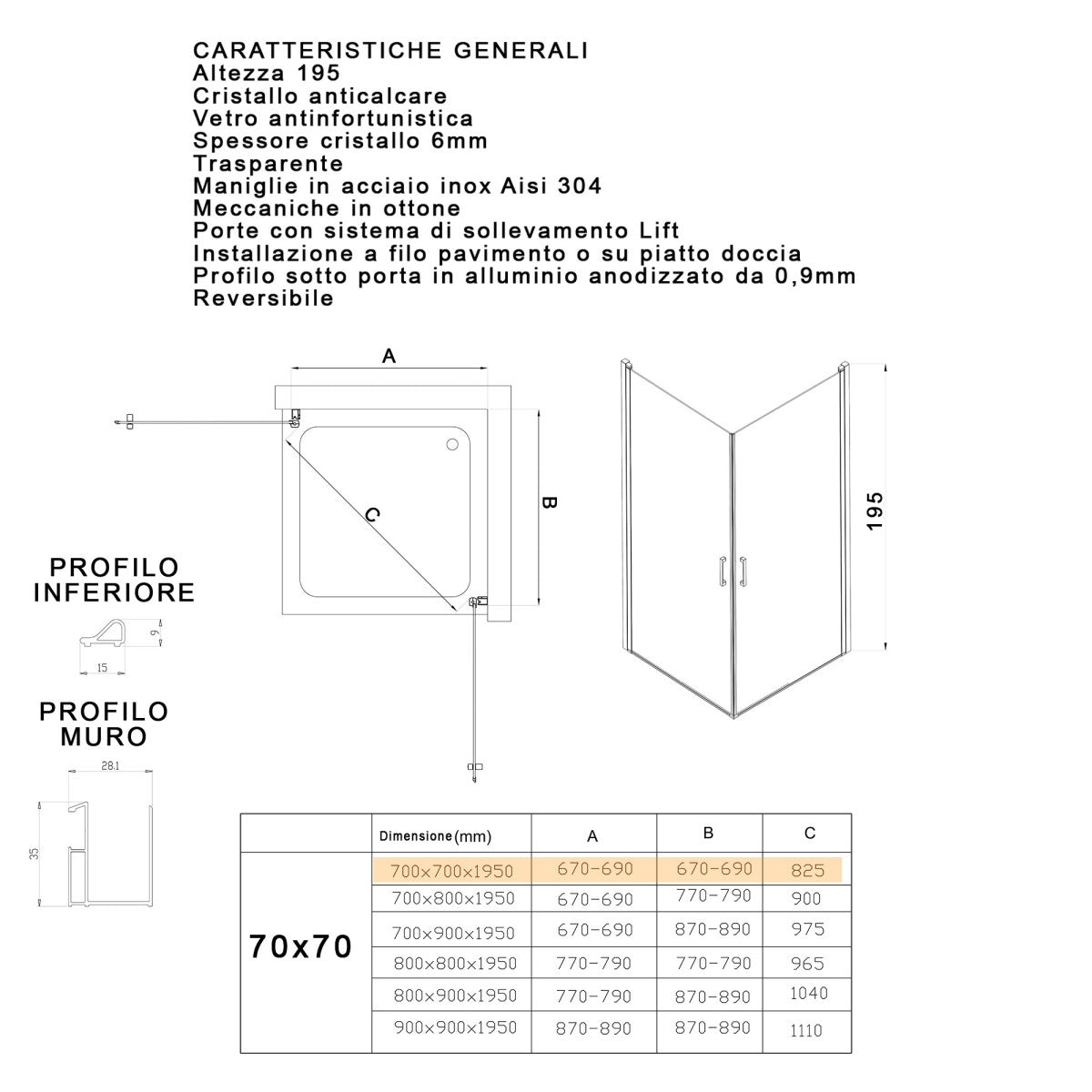 Box doccia due lati battenti h195 6mm anticalcare salema, misura 70x70