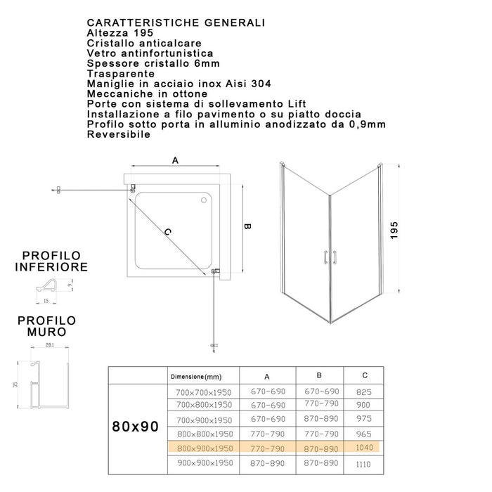 Box doccia due lati battenti h195 6mm anticalcare salema, misura 80x90