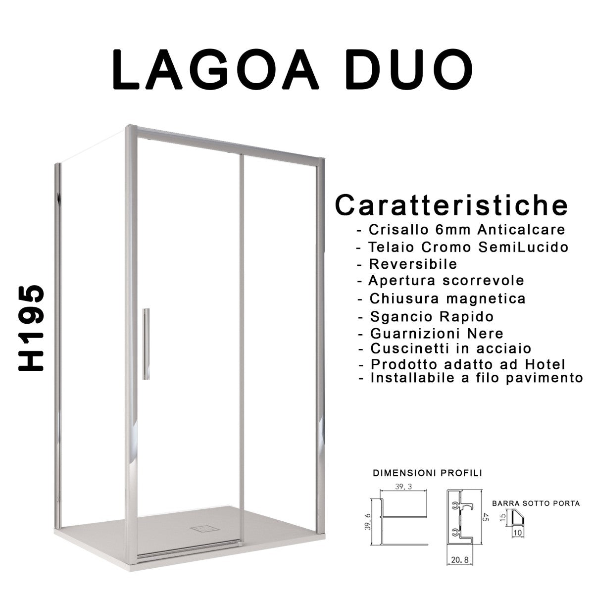 Box doccia due lati scorrevole cristallo 6mm h195 anticalcare lagoa duo, misura 70x120