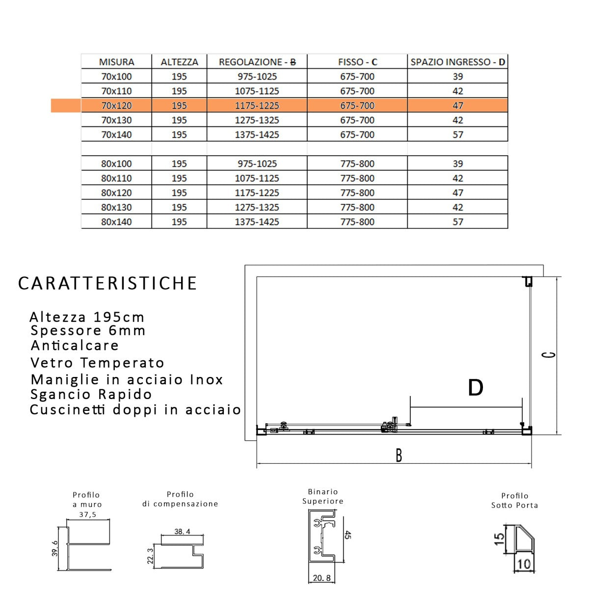 Box doccia due lati scorrevole cristallo 6mm h195 anticalcare lagoa duo, misura 70x120