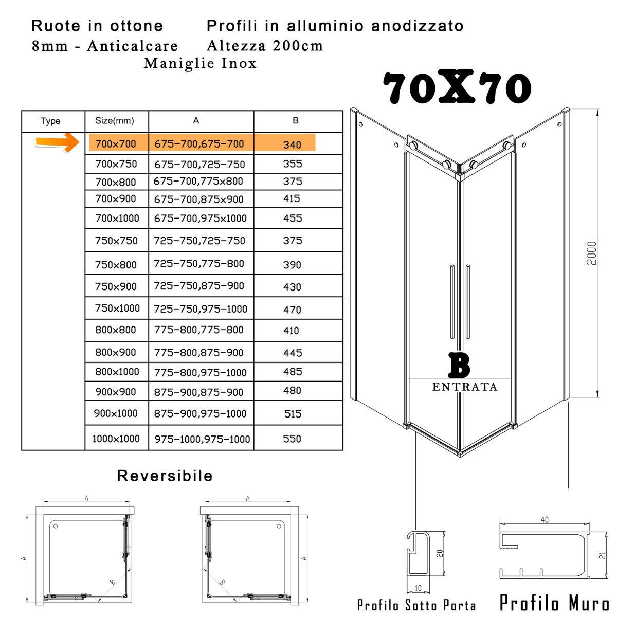 Box doccia due lati anticalcare scorrevole 8mm h200 melissa, misura 70x70