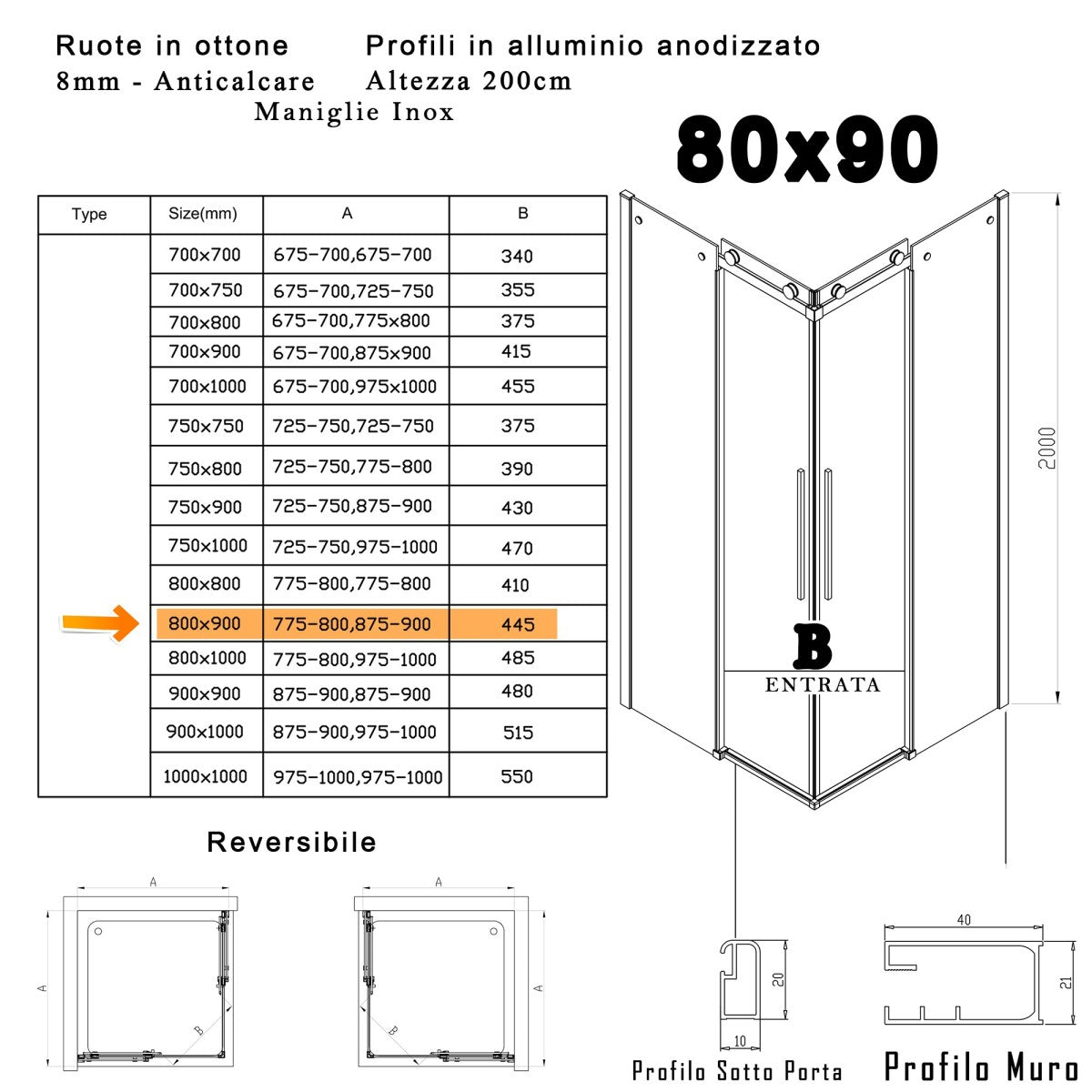 Box doccia due lati anticalcare scorrevole 8mm h200 melissa, misura 80x90