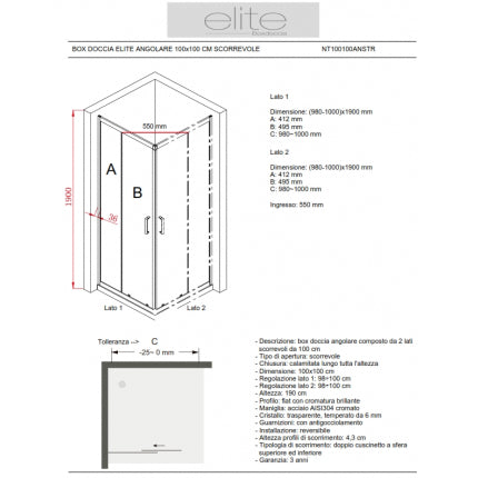 Box Doccia Angolare 100x100 Cm Scorrevole Trasparente