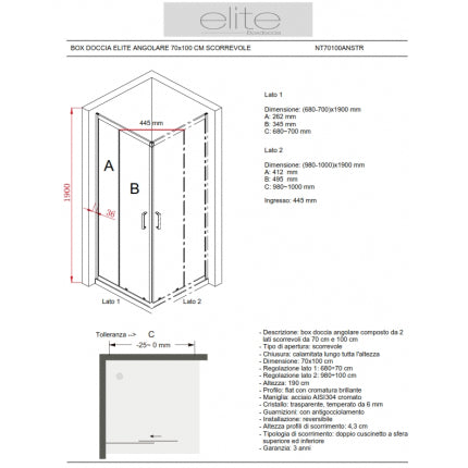 Box Doccia Angolare 70x100 Cm Scorrevole Opaco