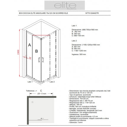 Box Doccia Angolare 70x120 Cm Scorrevole Opaco