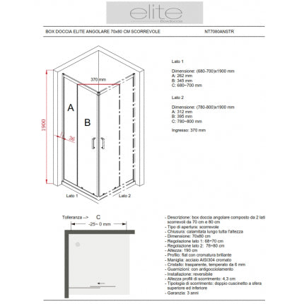 Box Doccia Angolare 70x80 Cm Scorrevole Trasparente