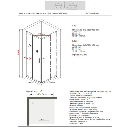 Box Doccia Angolare 70x90 Cm Scorrevole Trasparente