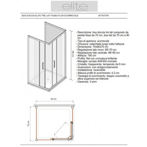 Box Doccia Elite Tre Lati 70x90x70 Cm Scorrevole Trasparente