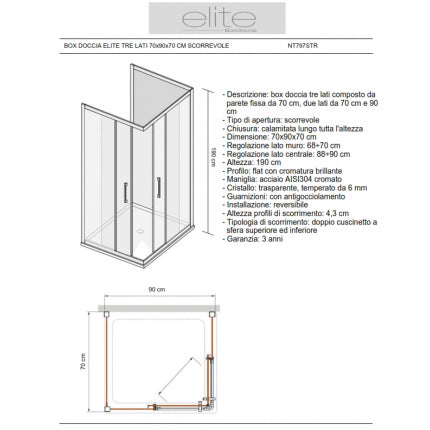 Box Doccia Elite Tre Lati 70x90x70 Cm Scorrevole Trasparente