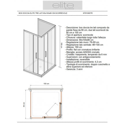 Box Doccia Elite Tre Lati 80x100x80 Cm Scorrevole Trasparente