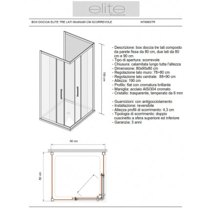 Box Doccia Elite Tre Lati 80x90x80 Cm Scorrevole Trasparente