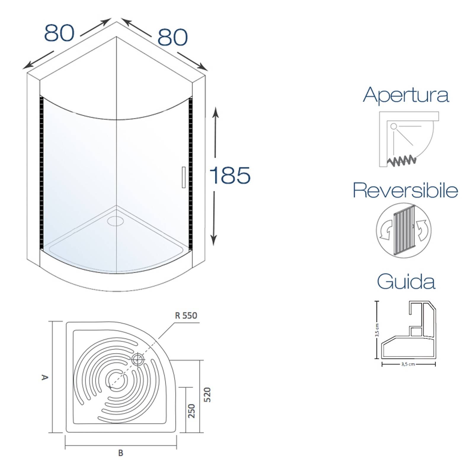 Box doccia Giove 90x90cm in pvc apertura semicircolare laterale - Rollplast Pinto