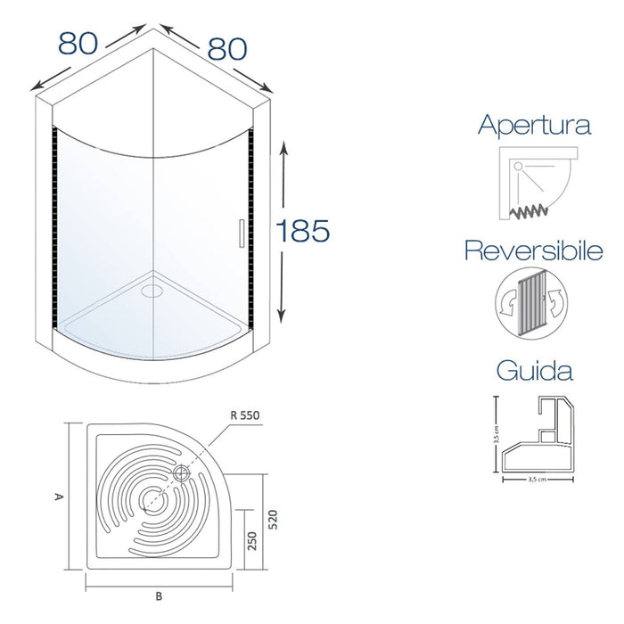 Box doccia Giove 90x90cm in pvc apertura semicircolare laterale - Rollplast Pinto