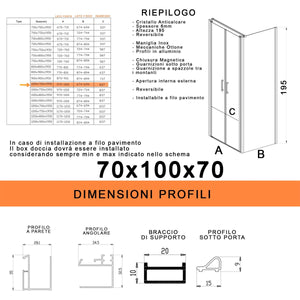 Box doccia saloon tre lati senza profili trasparente 6mm h195 dobla, misura 70x100x70