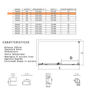 Box doccia tre lati con profili neri scorrevole anticalcare 195 lagoa, misura 70x110x70