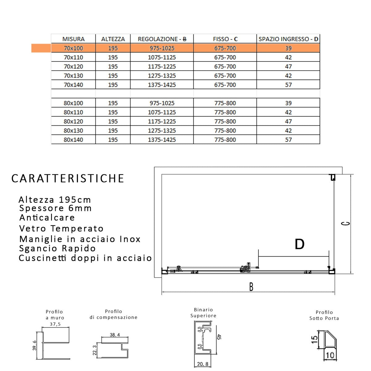 Box doccia tre lati con profili neri scorrevole anticalcare 195 lagoa, misura 70x100x70