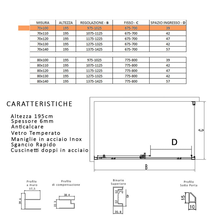 Box doccia tre lati scorrevole cristallo 6mm h195 lagoa-trio, misura 70x100x70