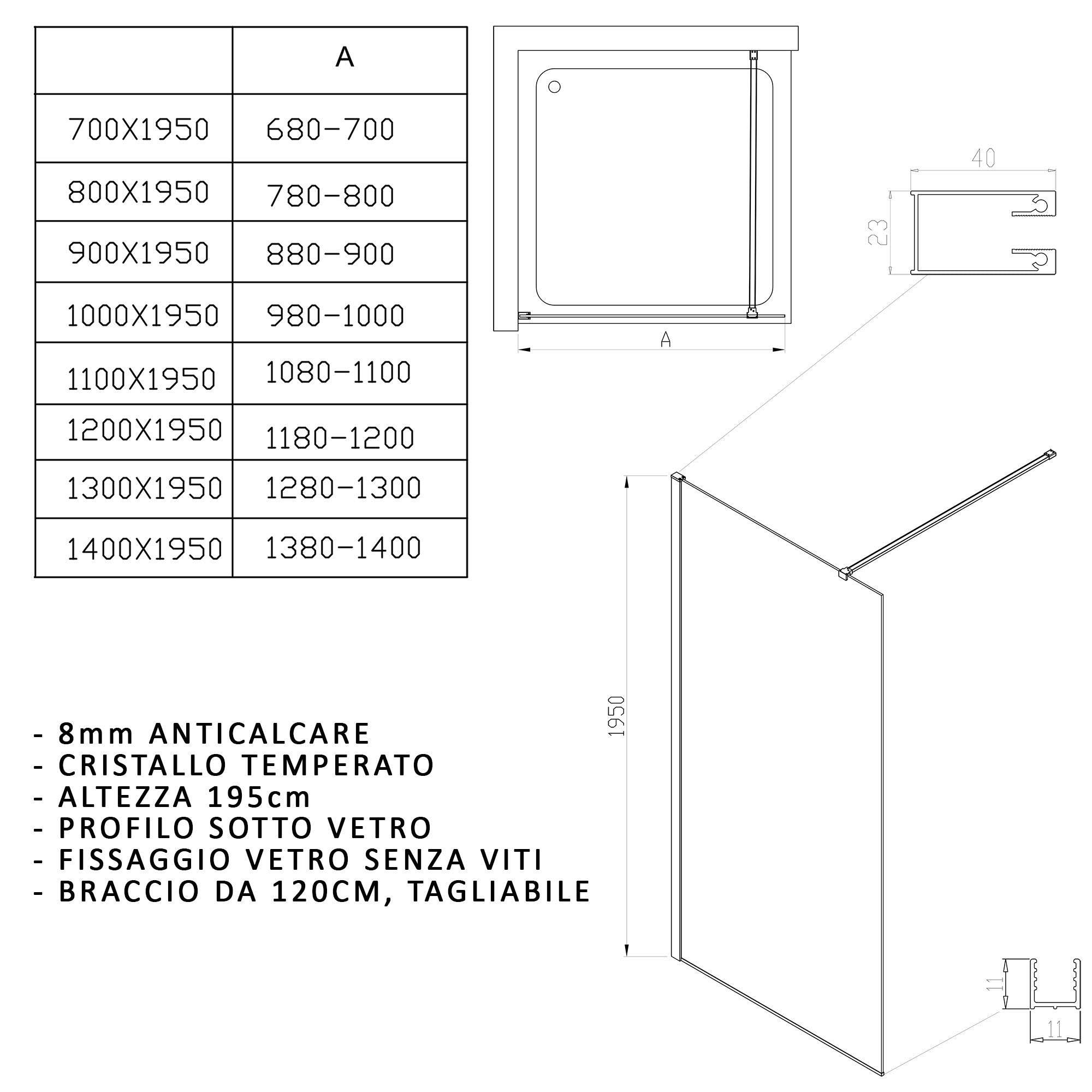 Parete Doccia Walk-In 100 cm Profili Neri e Cristallo Trasparente 8mm H195 Bonussi Nara