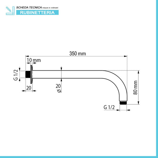 Braccio Doccia tondo Curvo Lungo 35 cm in acciaio Cromo