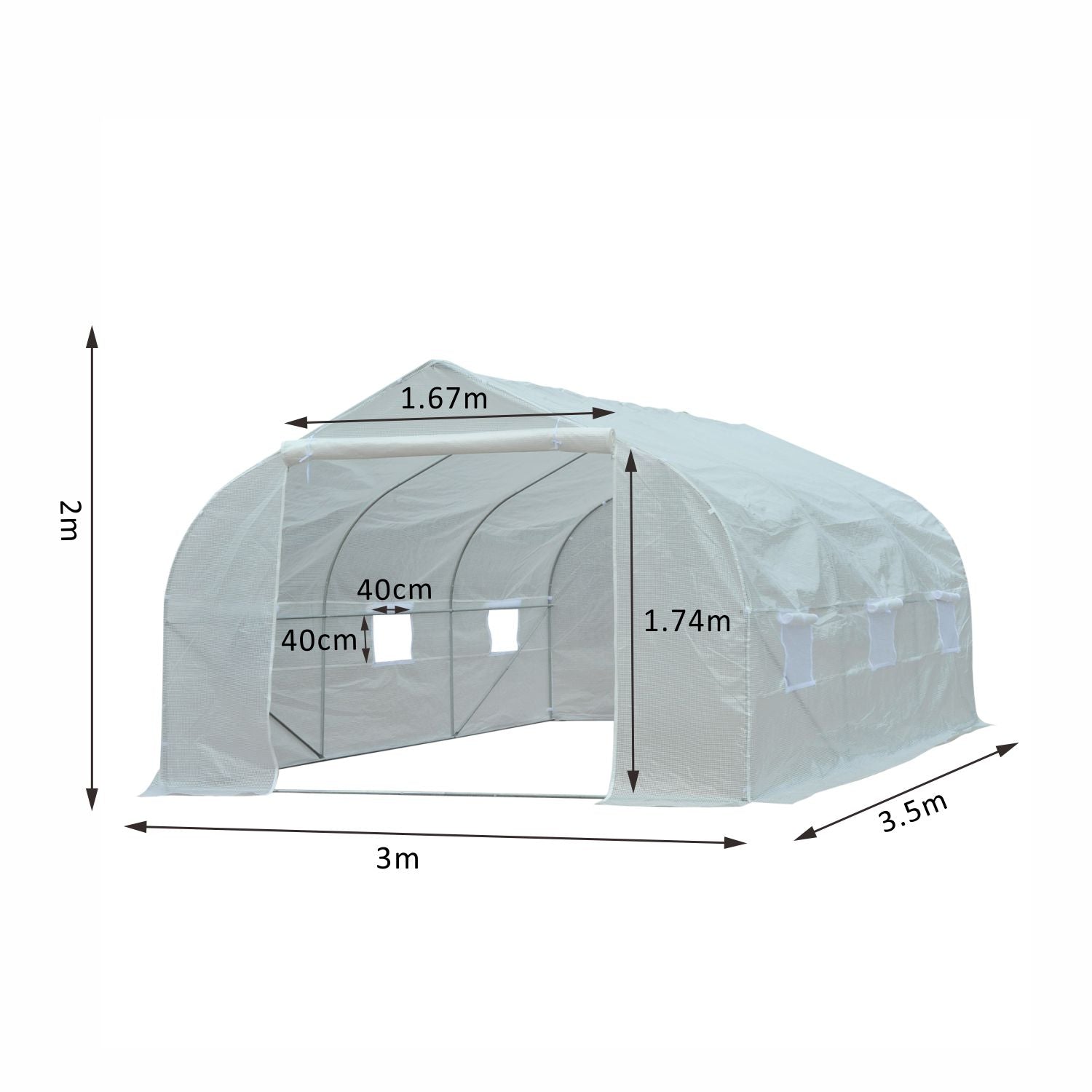 Serra a Tunnel per Esterni con 6 Finestre a Rete 3,5x3 m in Metallo e Plastica PE Bianca