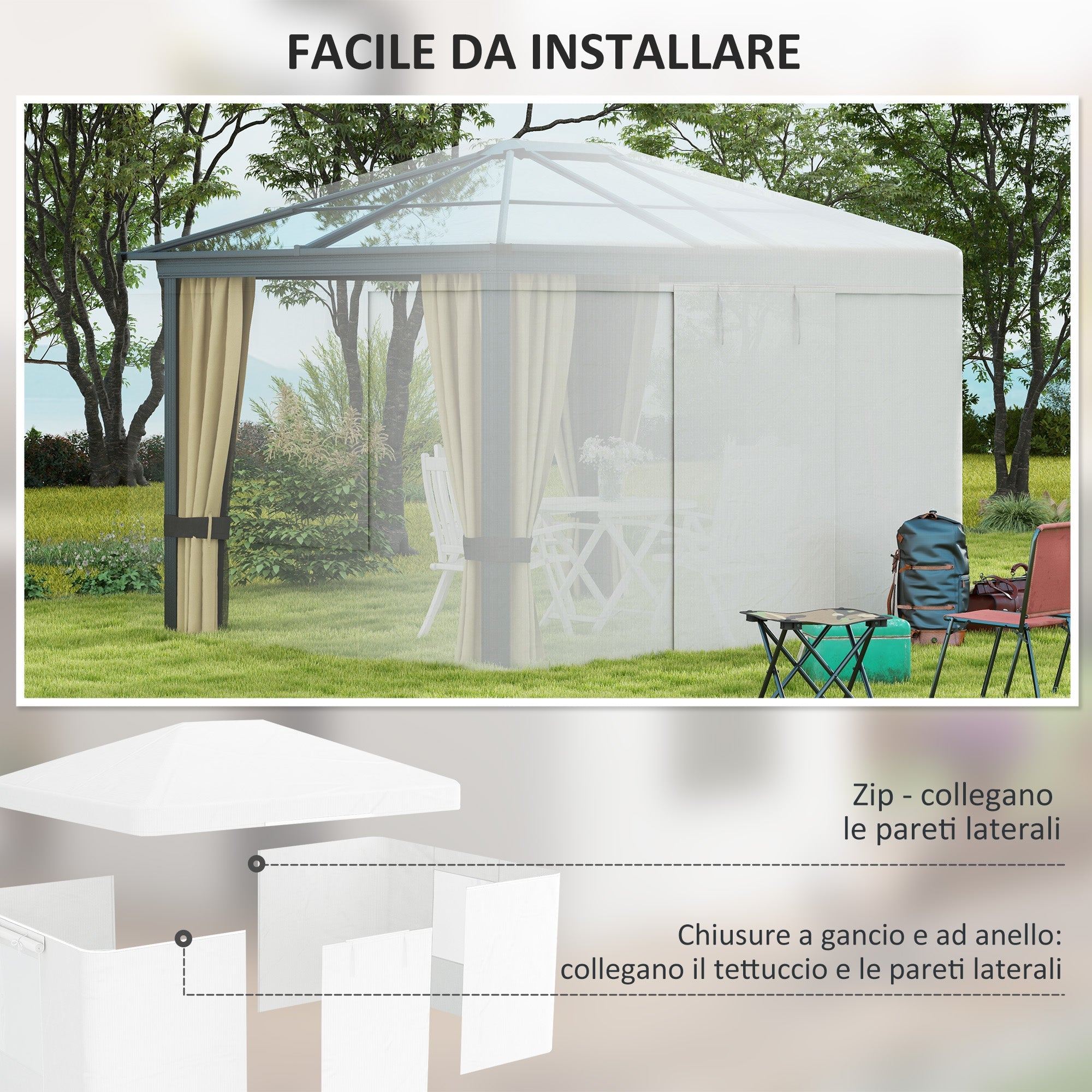 Copertura per Gazebo 3x3m con Porte a Cerniera e Finestre Bianco