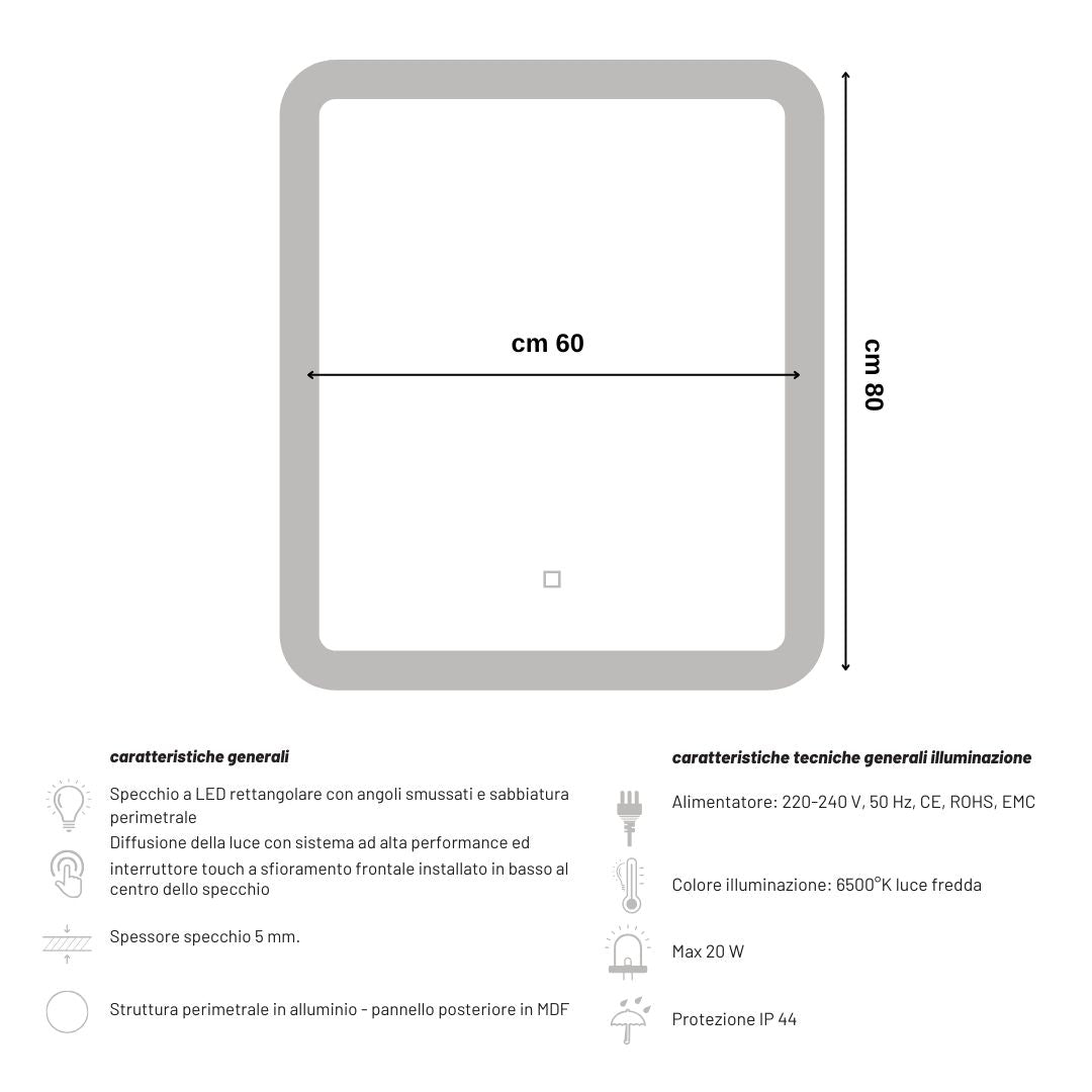 Ogomondo specchio 5 mm rettangolare led interruttore touch alluminio mdf bagno *** misure 60x80 cm, tonalità standar...