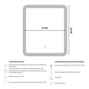 Ogomondo specchio 5 mm rettangolare led interruttore touch alluminio mdf bagno *** misure 60x80 cm, tonalità standar...