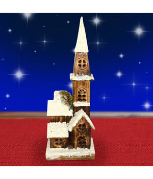 Campanile Legno Innevato Con Luci Gialle Altezza 54 Cm Decorazioni Natalizie         